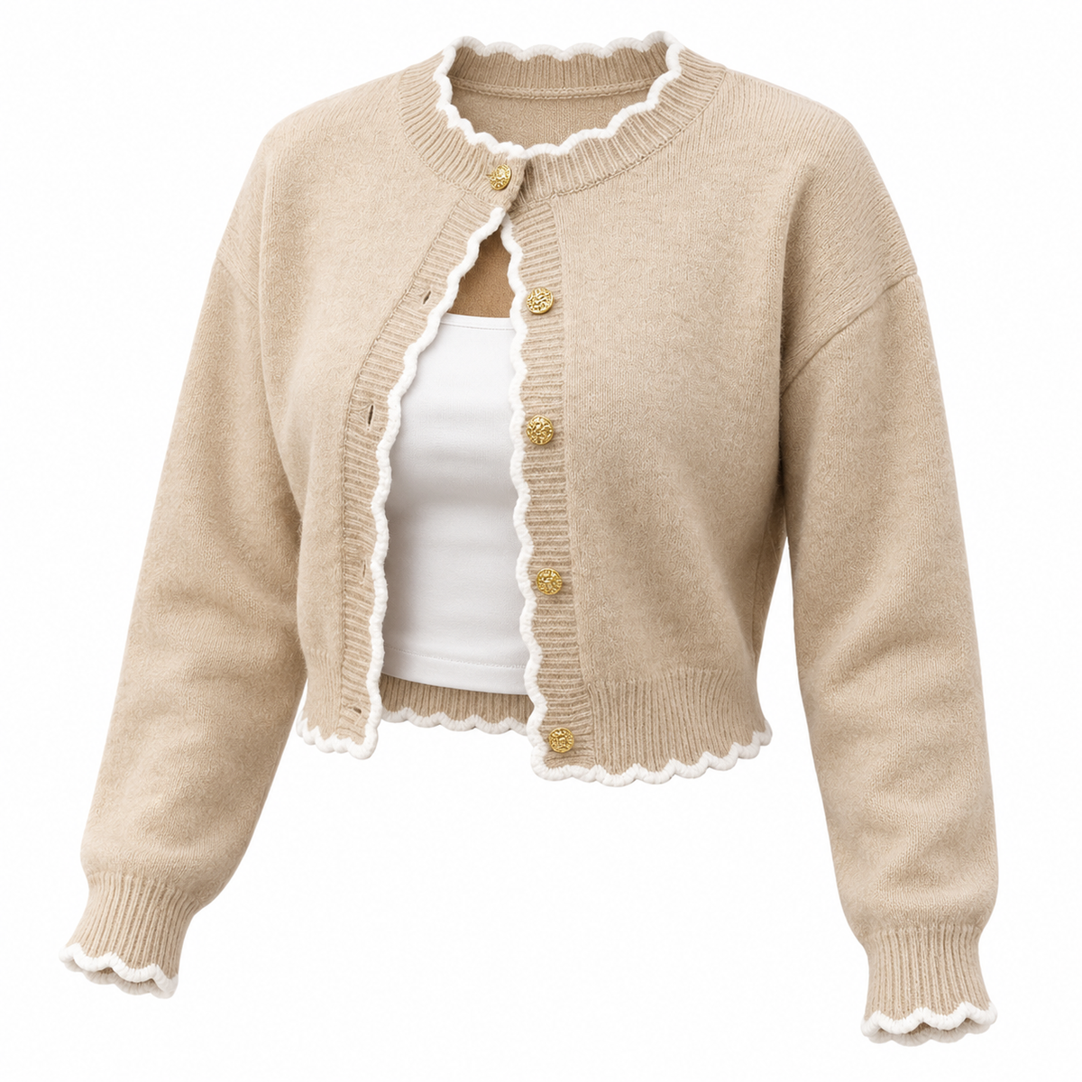 FOR BEAUTY Autumn/Winter Y2K Women's Knitted Top, Elegant Luxury Apricot Cardigan With Scalloped Edge And Gold Buttons, Suitable For Cafe Date, Street Style, Daily Wear
