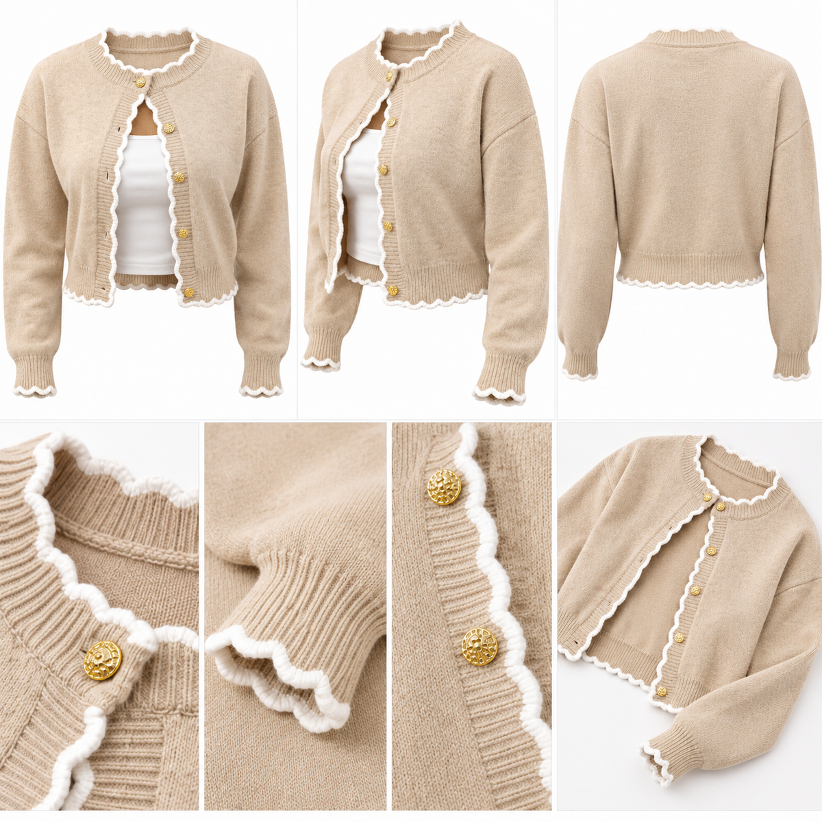 FOR BEAUTY Autumn/Winter Y2K Women's Knitted Top, Elegant Luxury Apricot Cardigan With Scalloped Edge And Gold Buttons, Suitable For Cafe Date, Street Style, Daily Wear