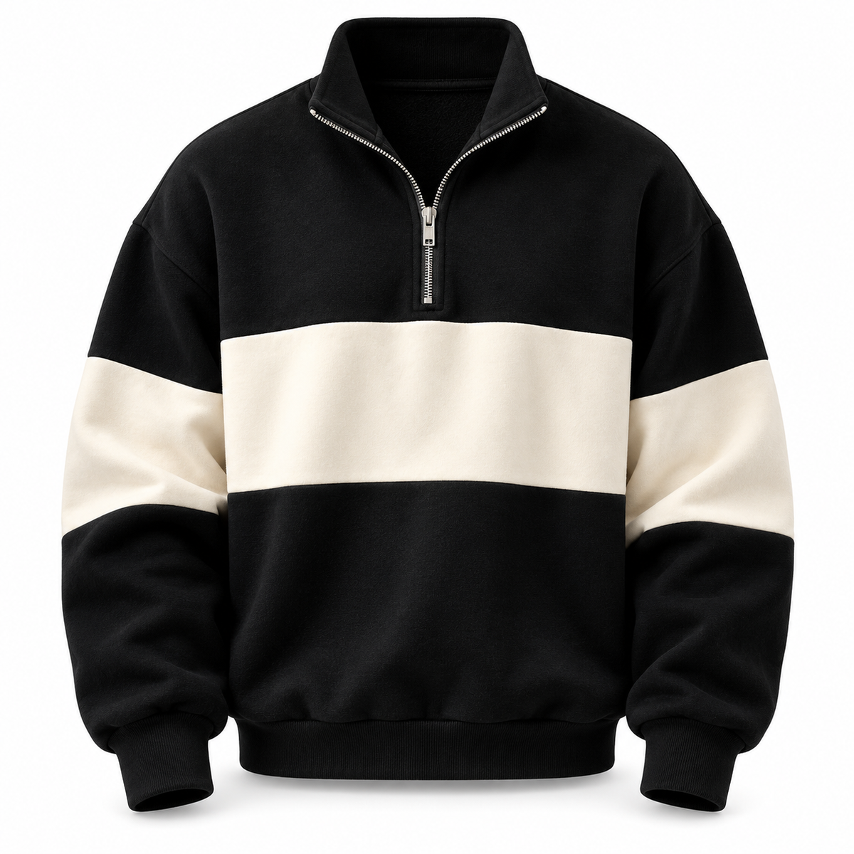Men's Black And White Contrast Striped 1/4 Zip Stand Collar Sweatshirt, Retro Collegiate Style Loose Fit Pullover
