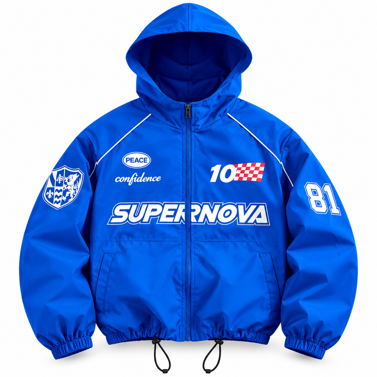 Manfinity Roghcode American Retro Blue Racing Jacket For Men, Letter Print Motorcycle Hooded Jacket, Suitable For Daily Casual, Weekend Outings, Music Festivals