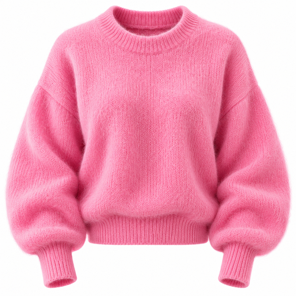 Women's Autumn Bright Pink Fluffy Mohair Sweater, Bright Pink Mohair Wool Knitted Sweater Cute Y2K Winter Aesthetic Thick Warm Sweater Back To Fall