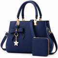 Women Solid Color Handbag & Wallet Set, With PU Leather & Bow Pendant, Zipper Closure, Mother's Day Gift, Chic Navy Blue Adjustable Strap