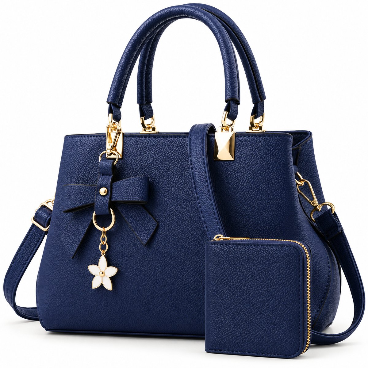 Women Solid Color Handbag & Wallet Set, With PU Leather & Bow Pendant, Zipper Closure, Mother's Day Gift, Chic Navy Blue Adjustable Strap