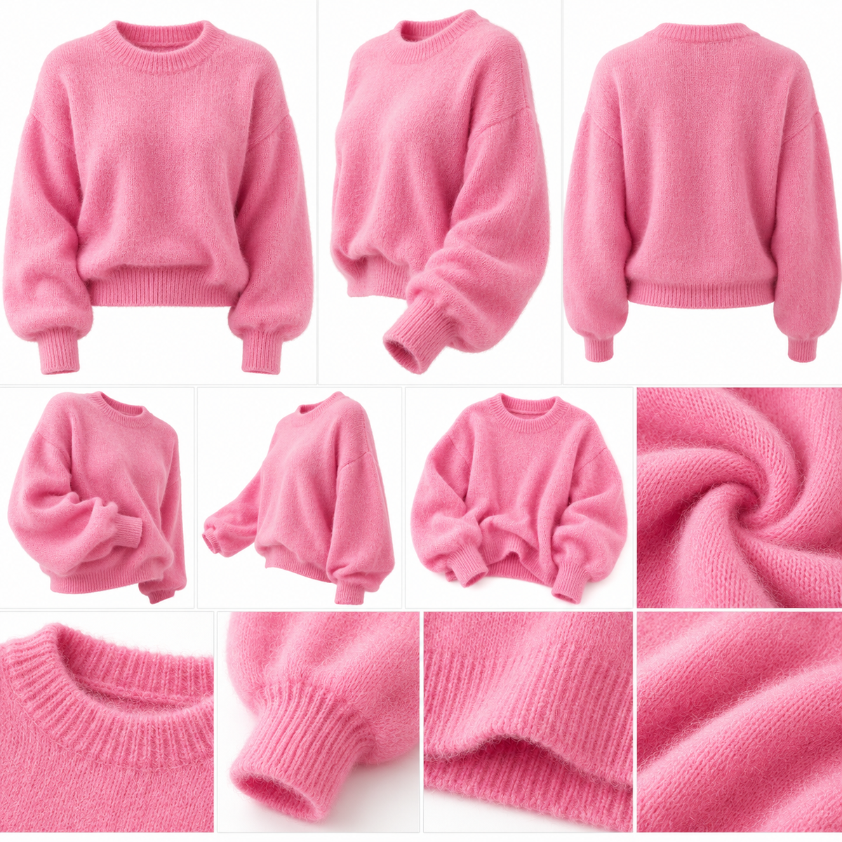 Women's Autumn Bright Pink Fluffy Mohair Sweater, Bright Pink Mohair Wool Knitted Sweater Cute Y2K Winter Aesthetic Thick Warm Sweater Back To Fall